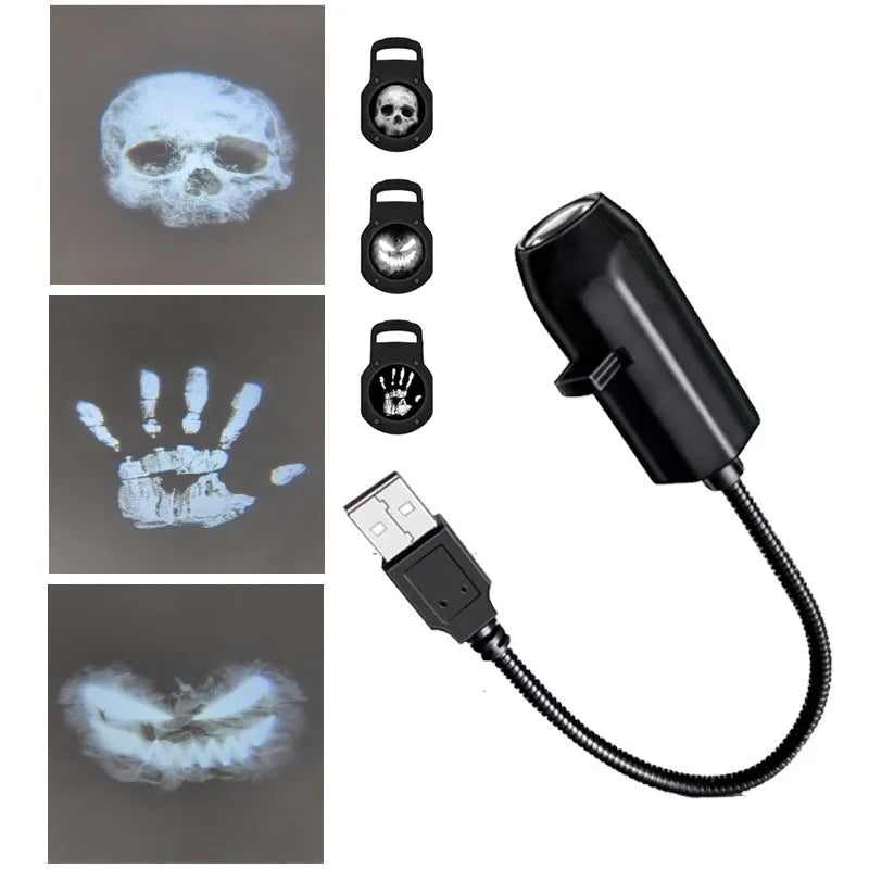 Halloween Skull Projector Light - 360 Rotating USB Ghost Lamp for Parties