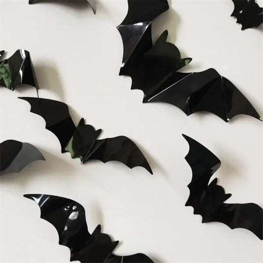 3D Bat Wall Stickers 16 Pack - Removable Black Halloween Decals in 4 Sizes