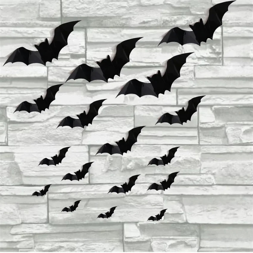 3D Bat Wall Stickers 16 Pack - Removable Black Halloween Decals in 4 Sizes