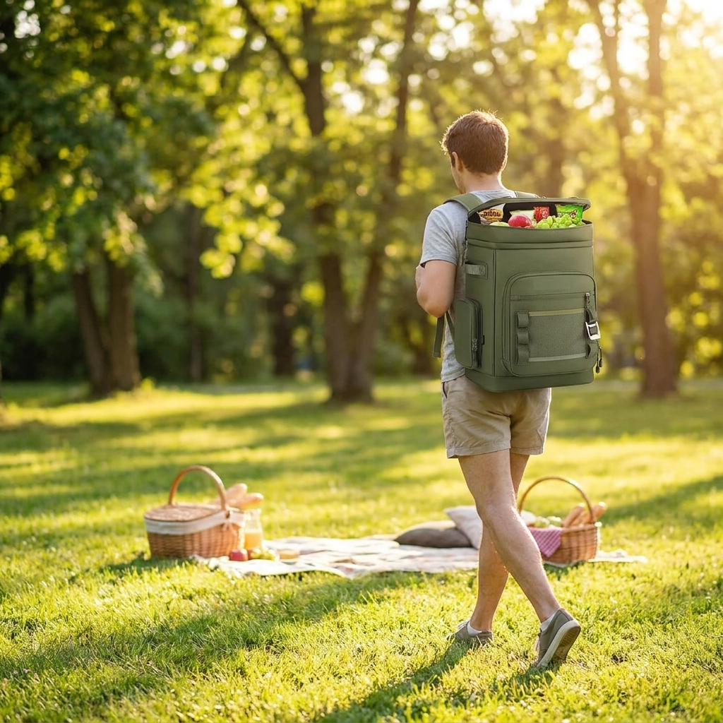 Green 30L insulated cooler backpack worn on the way to a summer picnic