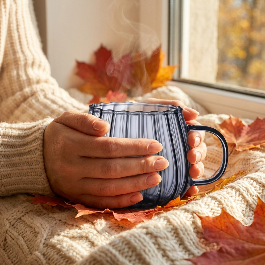 Gray striped glass pumpkin mug lifestyle