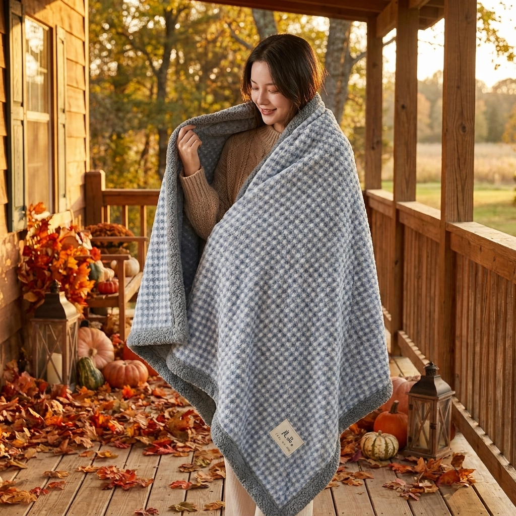 Blue small checkered chenille knit throw lifestyle