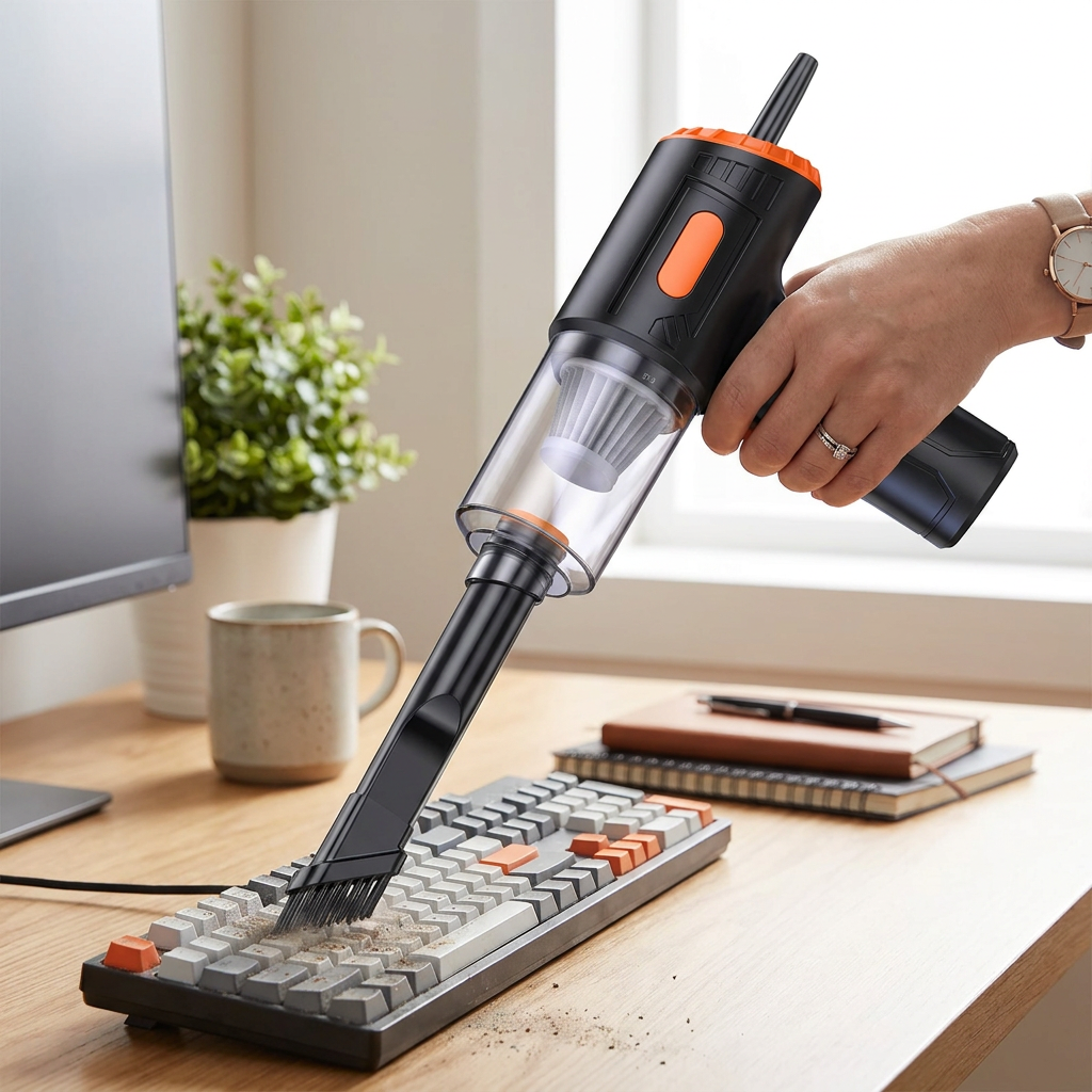 Handheld vacuum cleaning a desk
