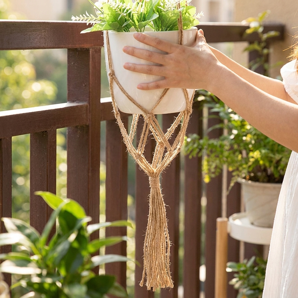 Macrame plant hanger style B in use