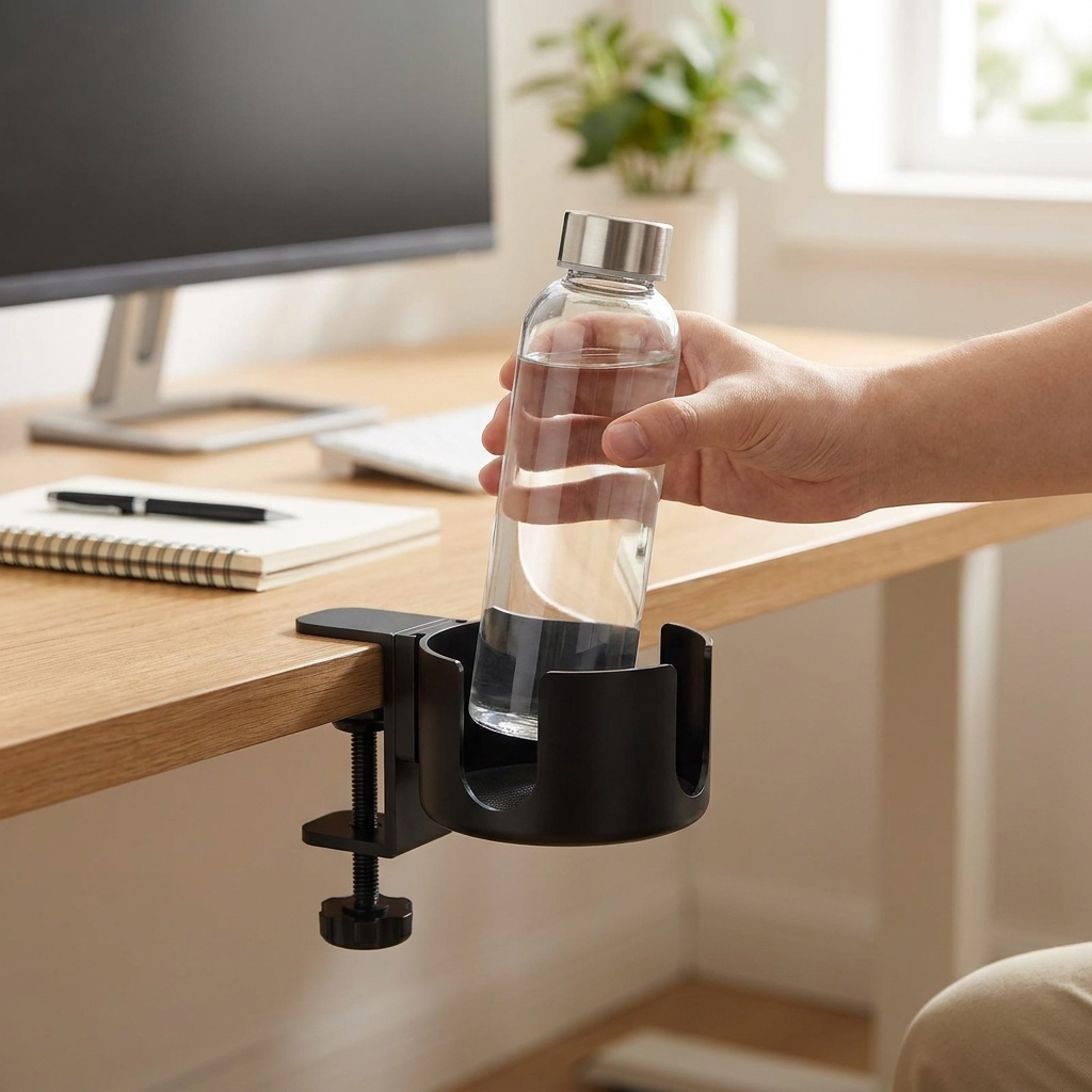 Black desk cup holder in use