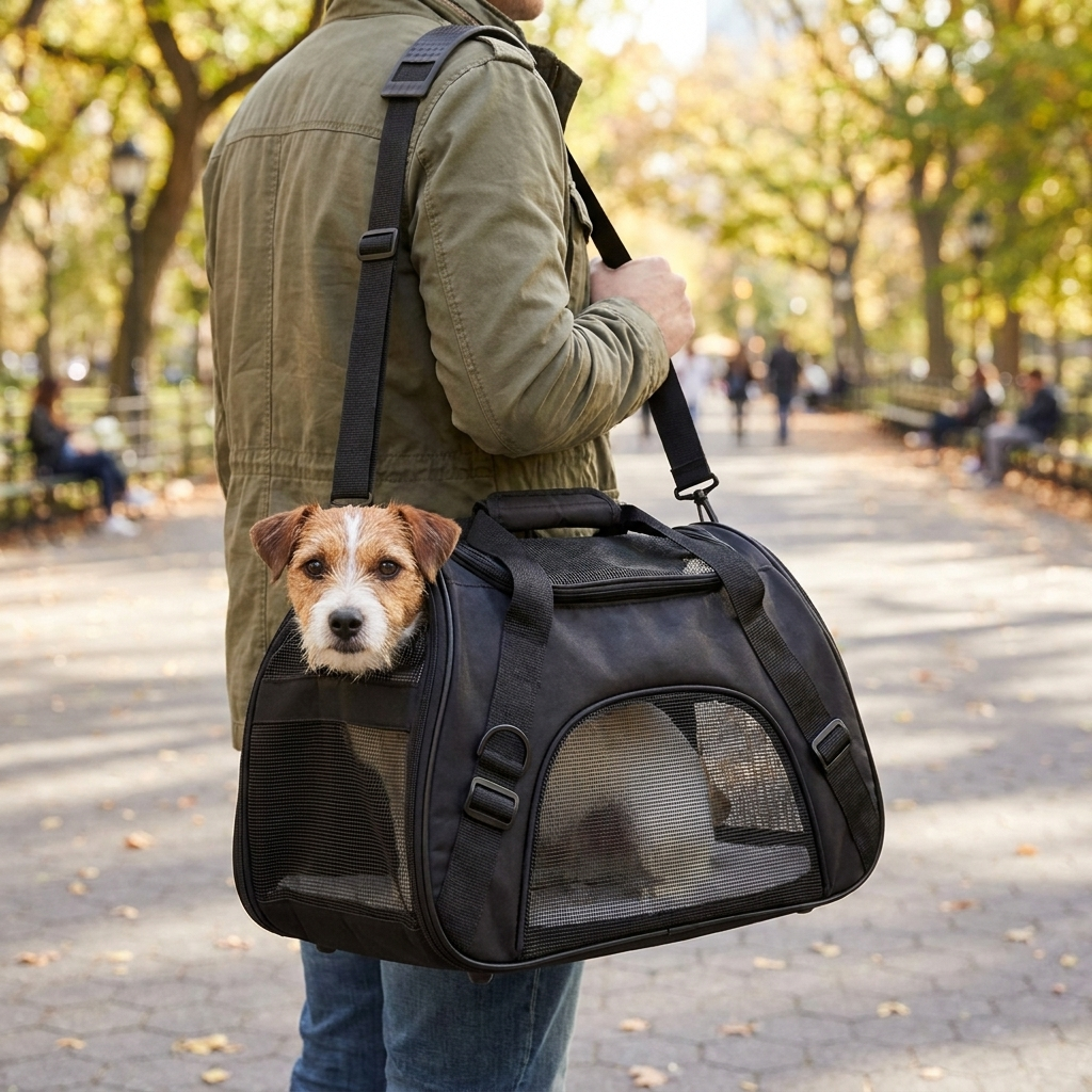 Black portable pet carrier bag in use