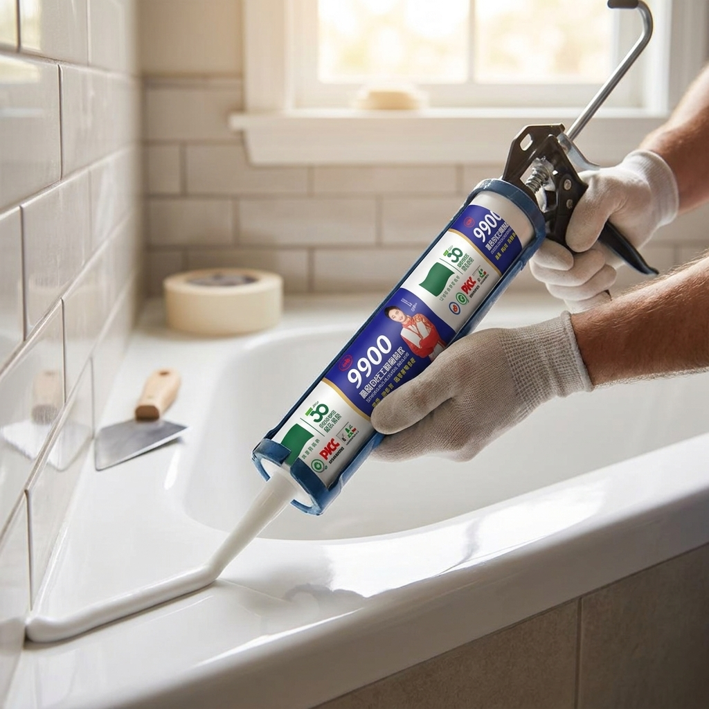 White silicone sealant being applied