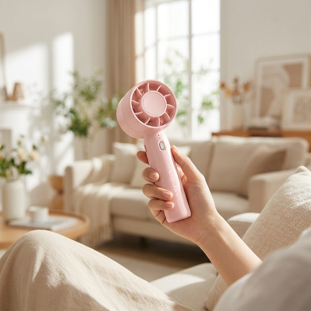 Pink handheld fan in use