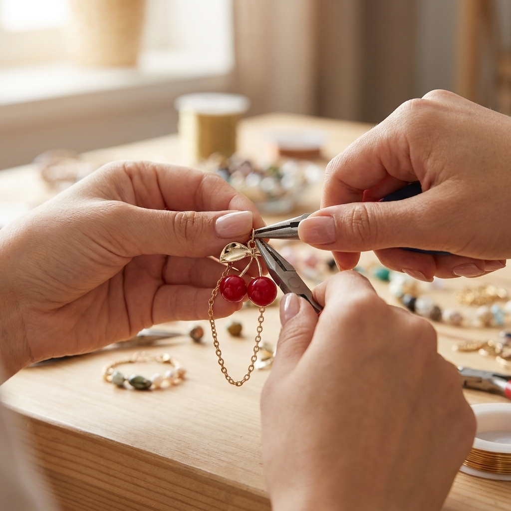 Hands using DIY craft charm on a bracelet