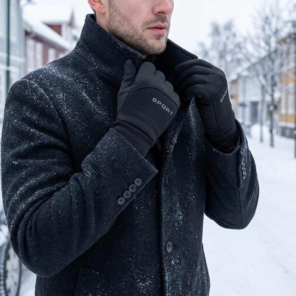 Man wearing black insulated winter gloves