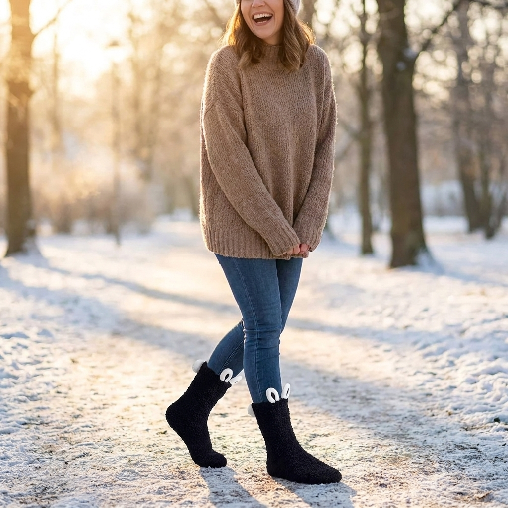 Woman wearing velvet cartoon winter accessory design C