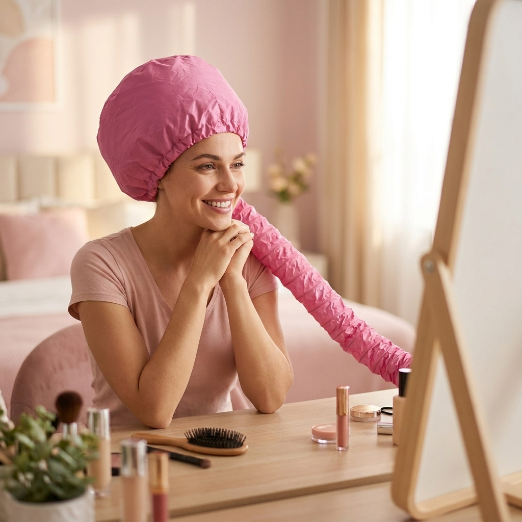 Woman wearing pink bonnet hair dryer cap