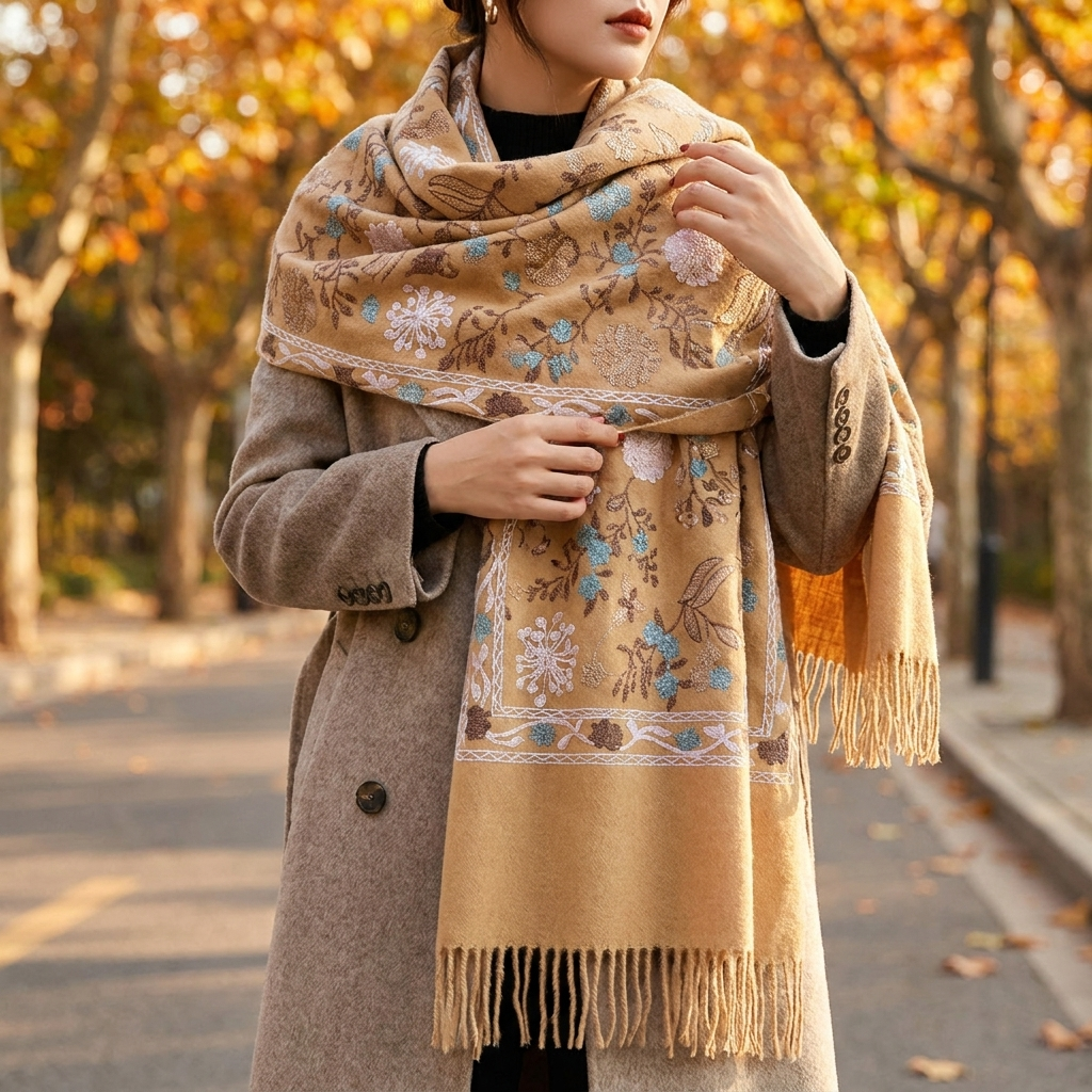 Pashmina scarf khaki worn