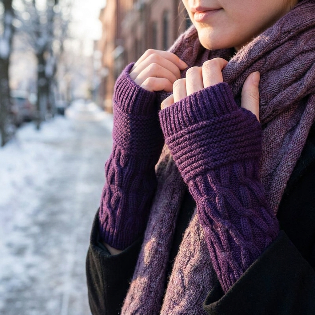 Fingerless knit gloves purple worn