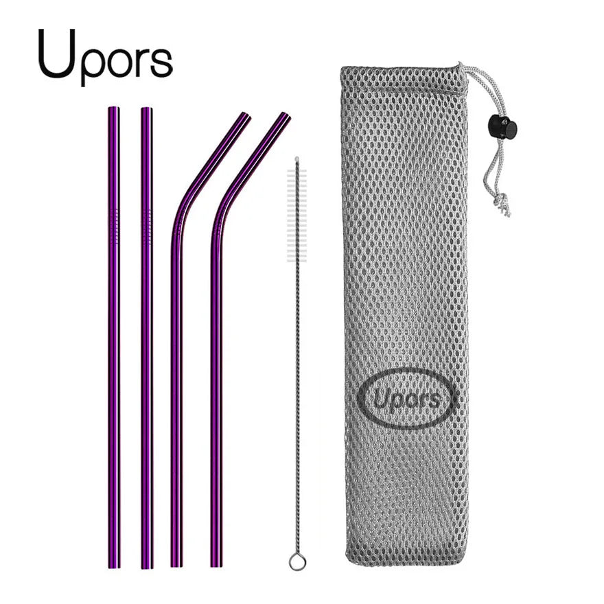Reusable Stainless Steel Drinking Straws - Straight and Bent Metal Straw Set with Cleaning Brush