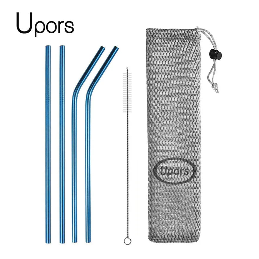 Reusable Stainless Steel Drinking Straws - Straight and Bent Metal Straw Set with Cleaning Brush