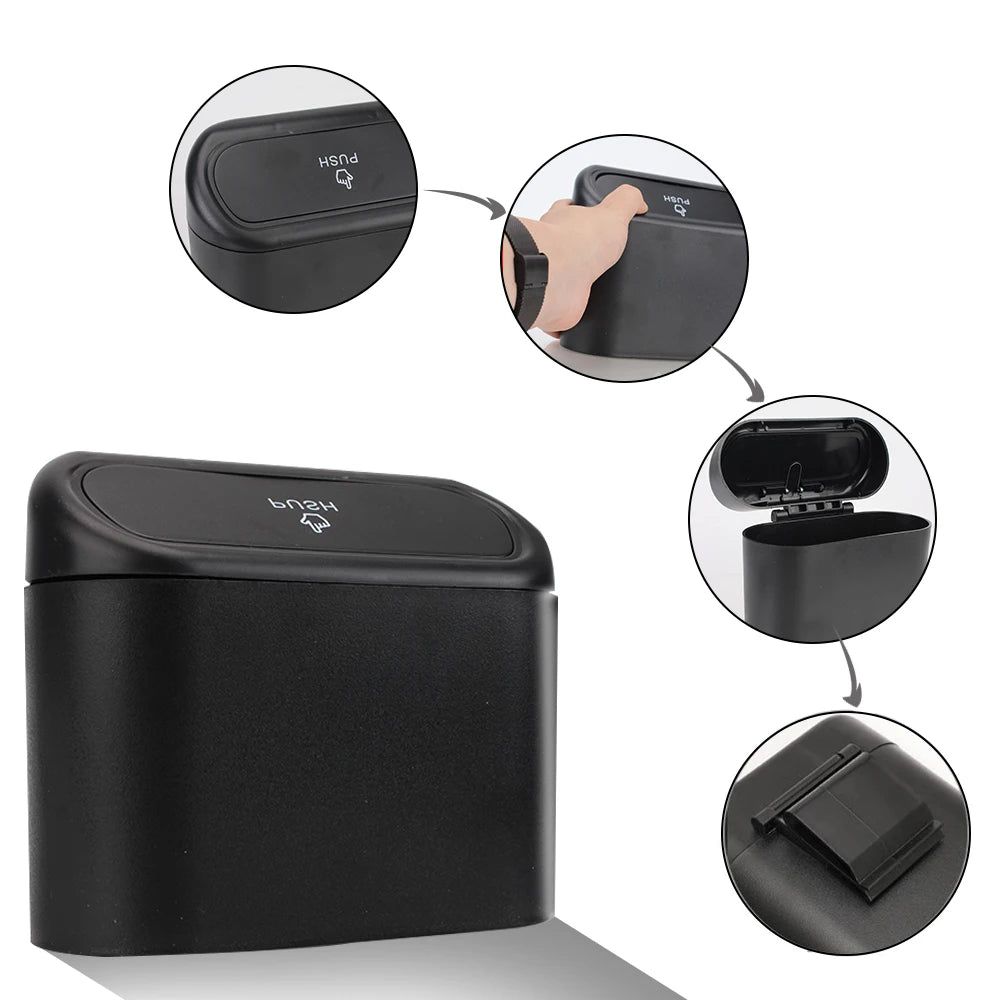Car Trash Can - Hanging ABS Bin with Press-Open Lid for Vehicle Rubbish Storage