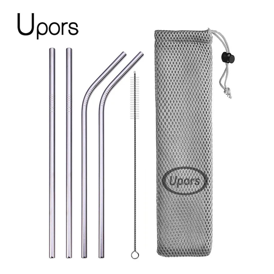 Reusable Stainless Steel Drinking Straws - Straight and Bent Metal Straw Set with Cleaning Brush