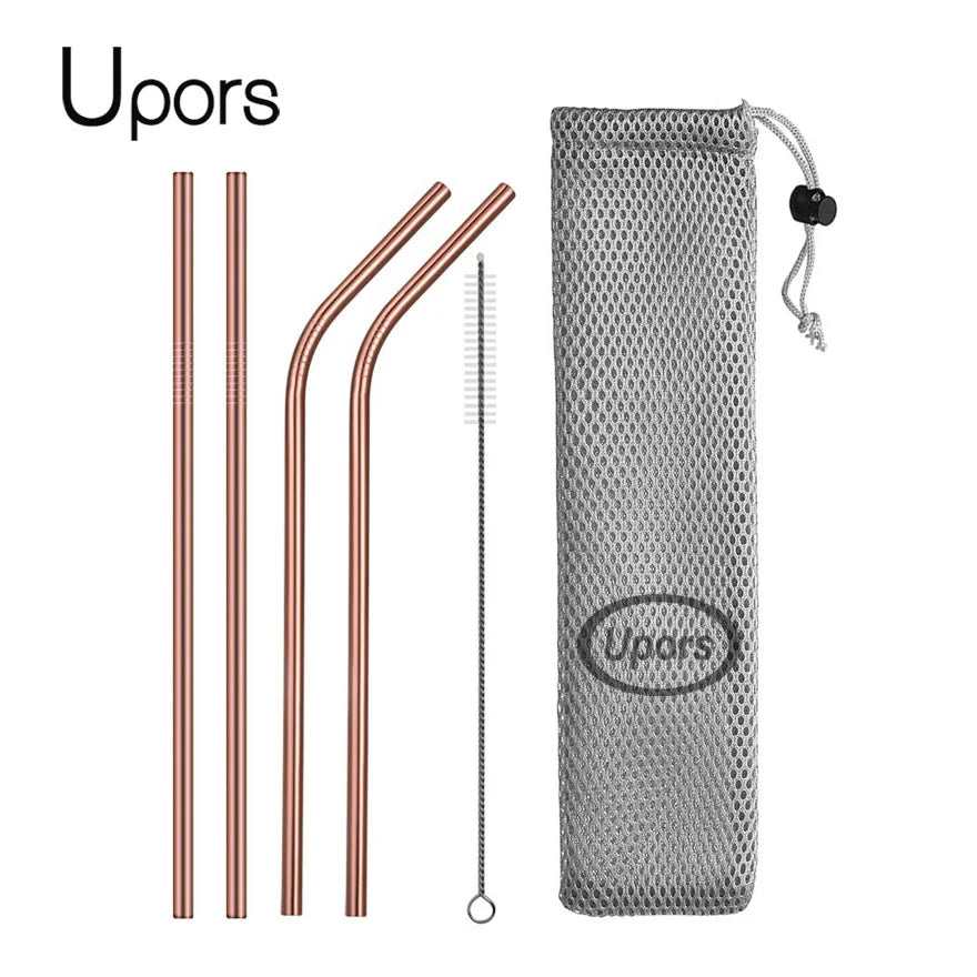 Reusable Stainless Steel Drinking Straws - Straight and Bent Metal Straw Set with Cleaning Brush