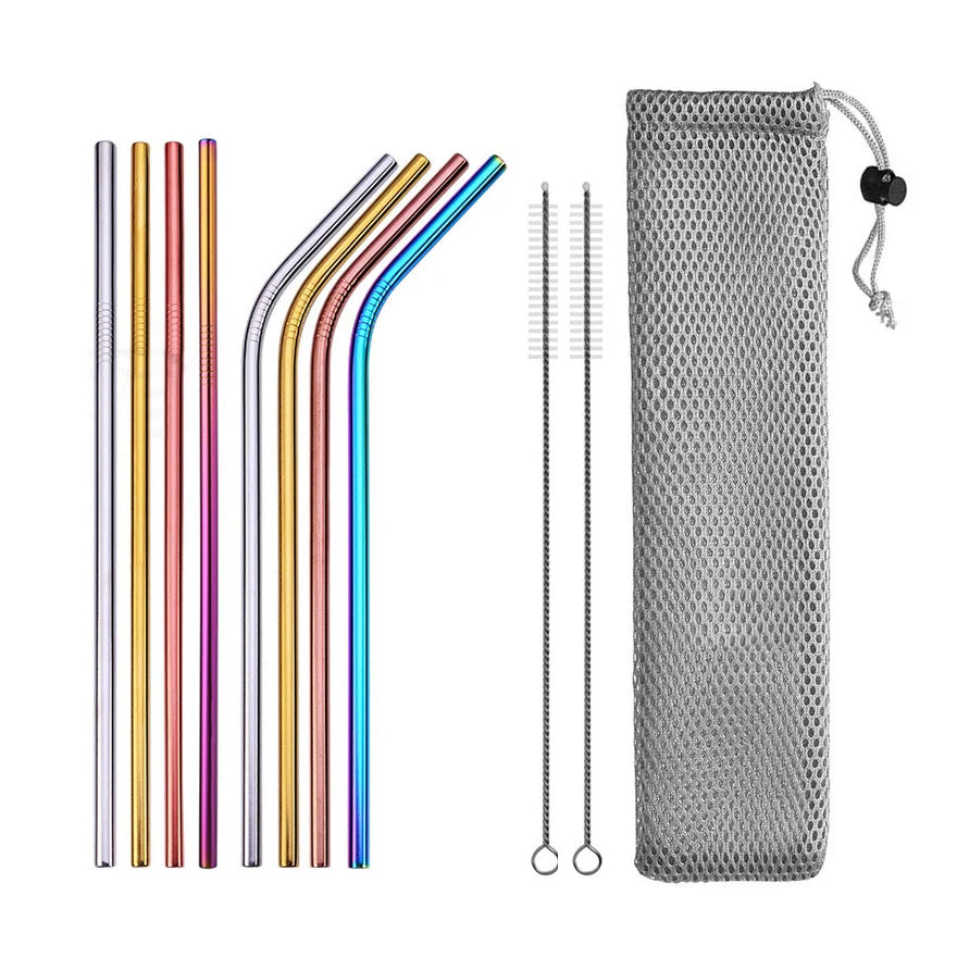 Reusable Stainless Steel Drinking Straws - Straight and Bent Metal Straw Set with Cleaning Brush
