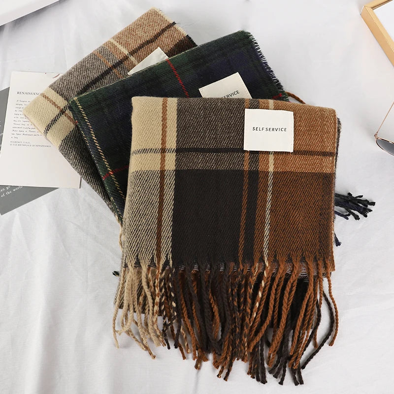 Plaid Winter Scarf - Soft Cashmere Check Scarf for Everyday Cold Weather