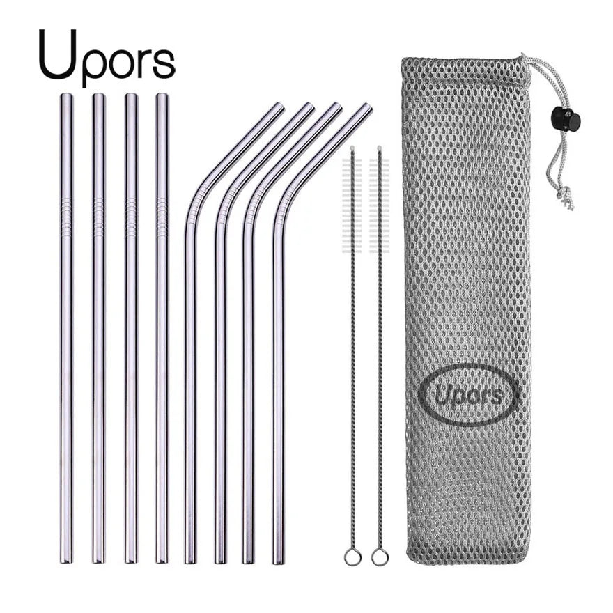 Reusable Stainless Steel Drinking Straws - Straight and Bent Metal Straw Set with Cleaning Brush