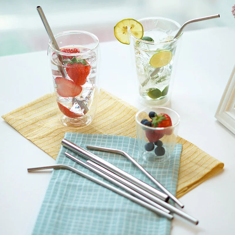 Reusable Stainless Steel Drinking Straws - Straight and Bent Metal Straw Set with Cleaning Brush