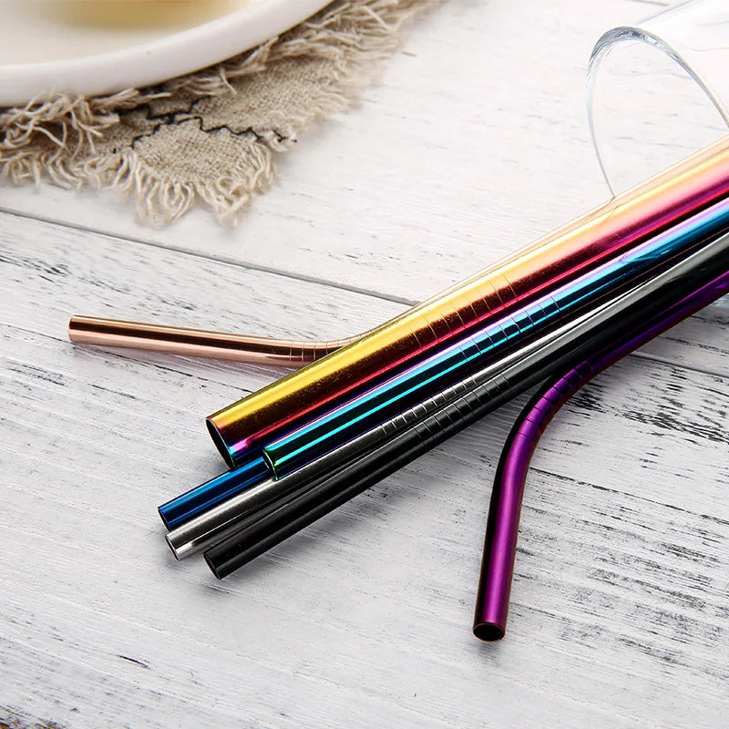 Reusable Stainless Steel Drinking Straws - Straight and Bent Metal Straw Set with Cleaning Brush