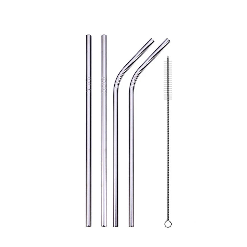 Reusable Stainless Steel Drinking Straws - Straight and Bent Metal Straw Set with Cleaning Brush