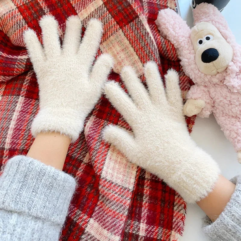 Velvet Winter Gloves - Plush Five Finger Gloves for Women in 4 Colours