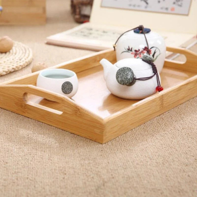 Bamboo Serving Tray with Handles - Rectangular Wooden Tea & Breakfast Tray