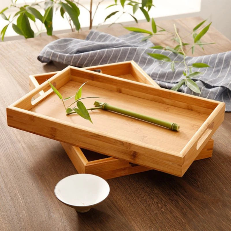 Bamboo Serving Tray with Handles - Rectangular Wooden Tea & Breakfast Tray