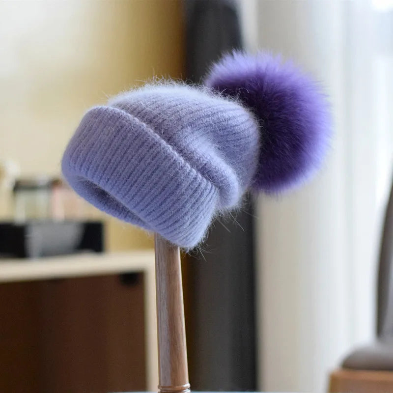 Fox Fur Pom-Pom Beanie - Knitted Cashmere Winter Hat for Women, 14 Colours