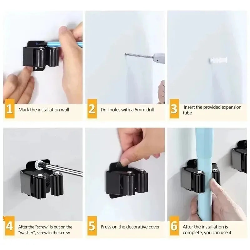 Wall Mounted Mop and Broom Holder Clips - Stainless Steel Hanging Storage Racks