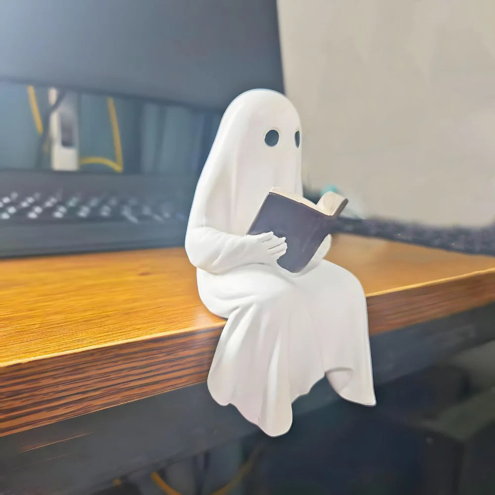 Reading Ghost Statue - White Resin Halloween Ornament for Shelves and Desks
