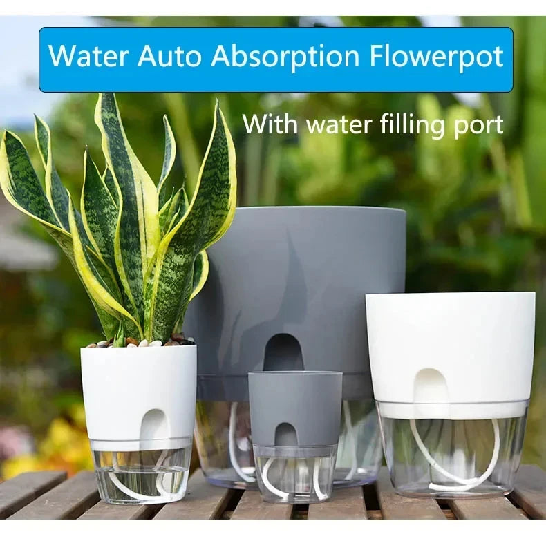 Self-Watering Plant Pot - Clear Double Layer Flowerpot with Cotton Wick and Fill Port