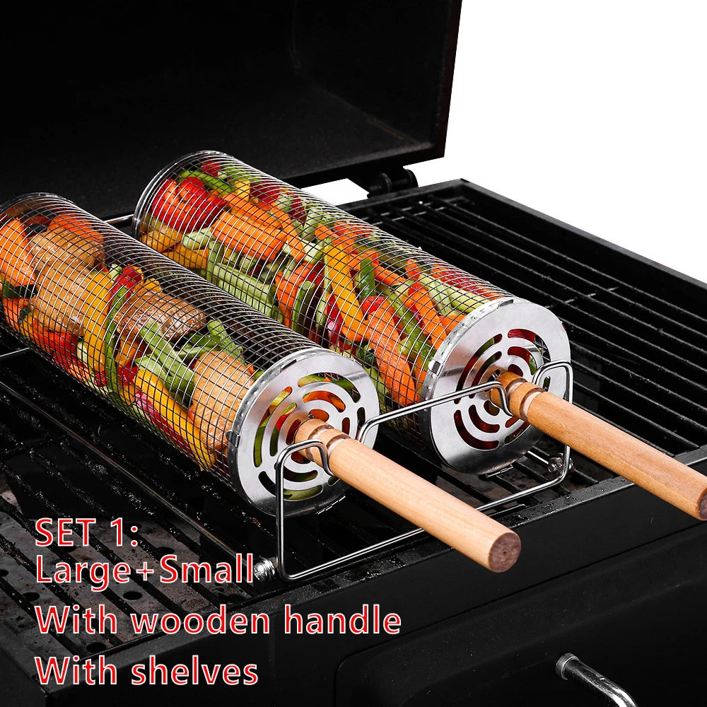 Rolling Grill Basket Set - Stainless Steel Mesh BBQ Basket with Wood Handle