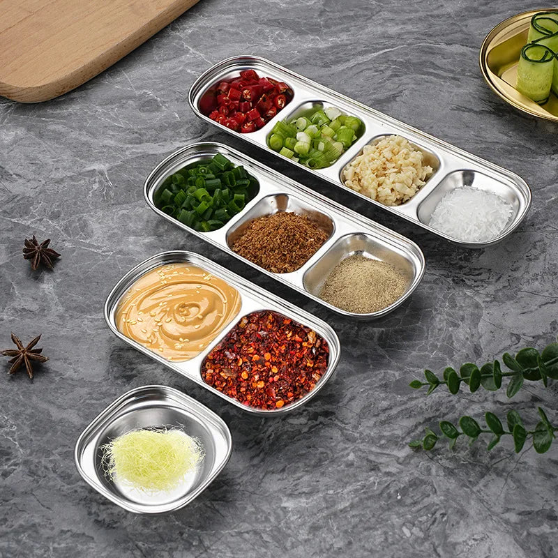 Stainless Steel Divided Dip Bowls - Sauce & Condiment Serving Trays