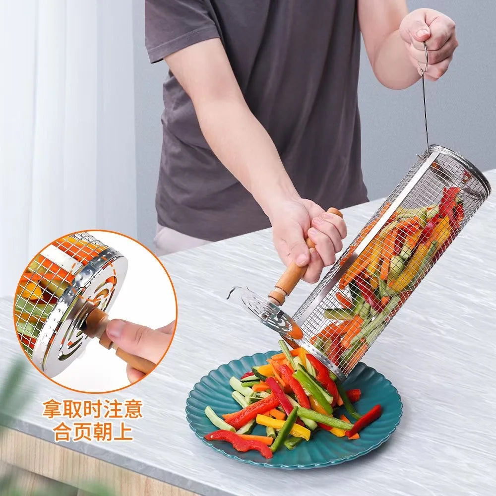 Rolling Grill Basket Set - Stainless Steel Mesh BBQ Basket with Wood Handle