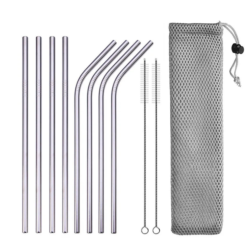 Reusable Stainless Steel Drinking Straws - Straight and Bent Metal Straw Set with Cleaning Brush