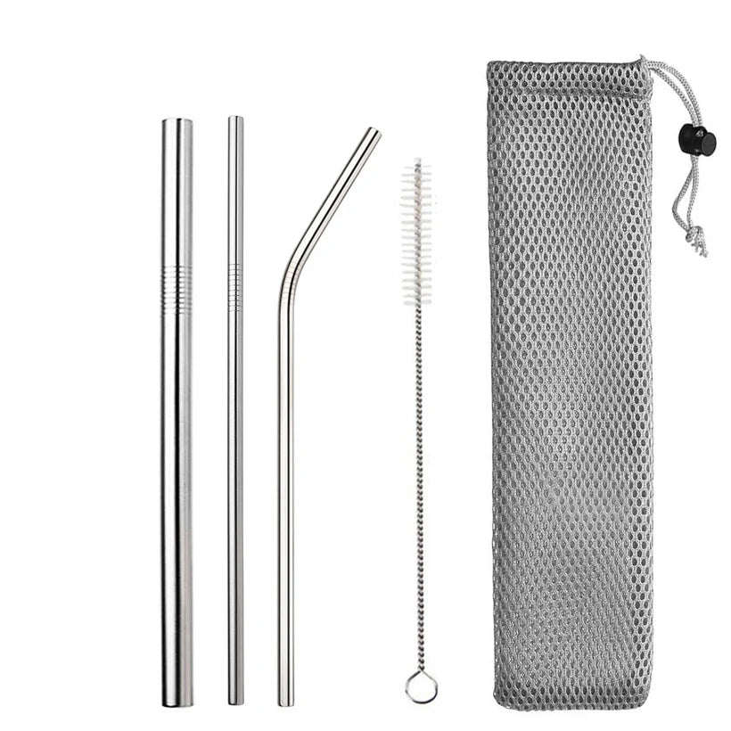 Reusable Stainless Steel Drinking Straws - Straight and Bent Metal Straw Set with Cleaning Brush