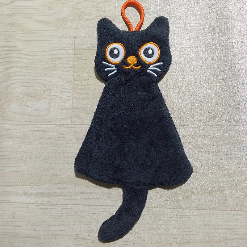 Cartoon Cat Hand Towel - Absorbent Coral Fleece Towel with Hanging Loop