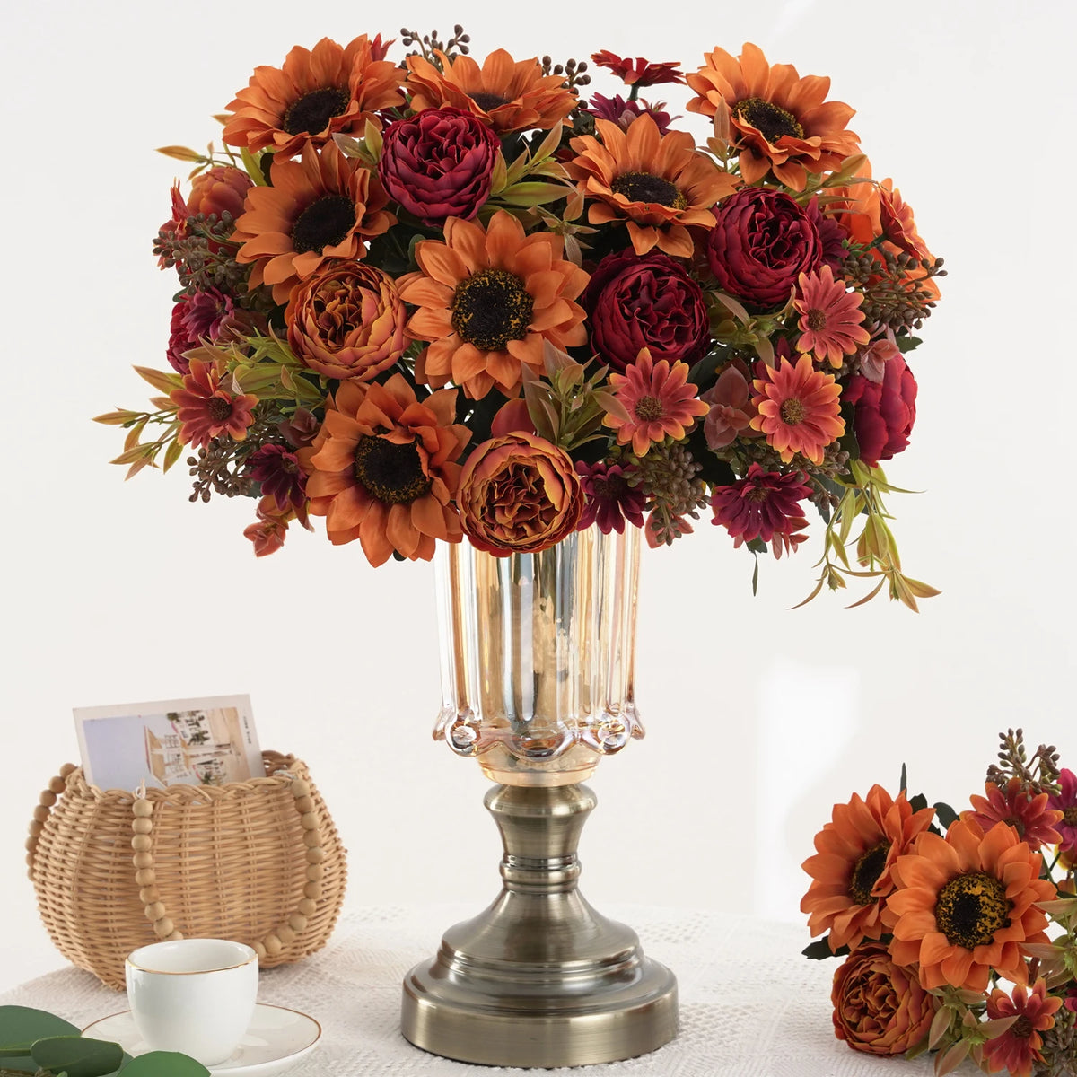 Artificial Sunflower Bouquet - Silk Faux Sunflowers and Peonies for Fall Decor