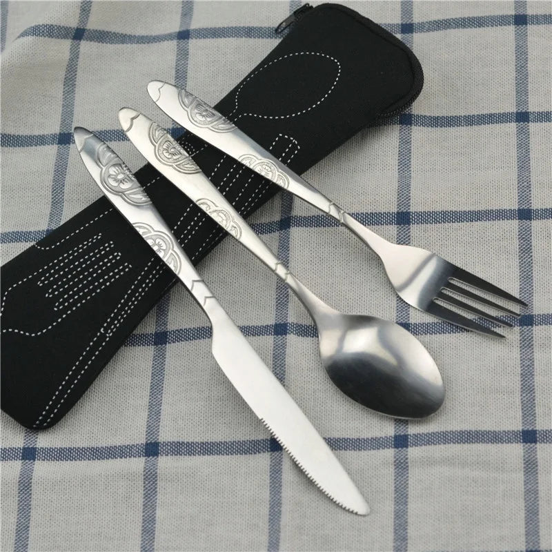 Stainless Steel Travel Cutlery Set - 3-Piece Camping Utensils with Zip Case