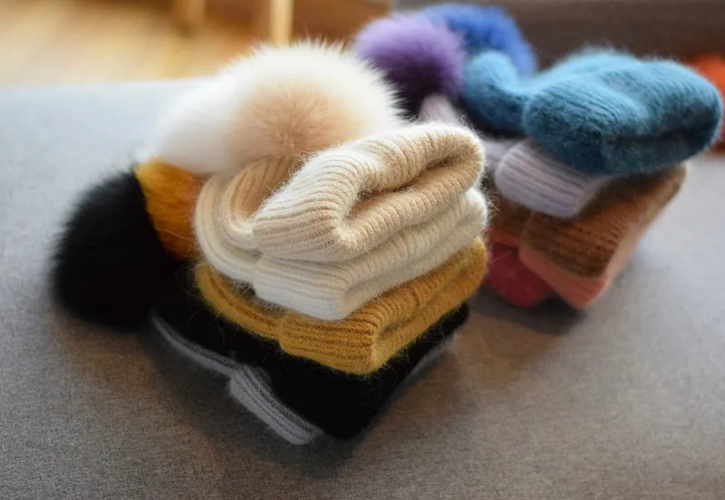 Fox Fur Pom-Pom Beanie - Knitted Cashmere Winter Hat for Women, 14 Colours