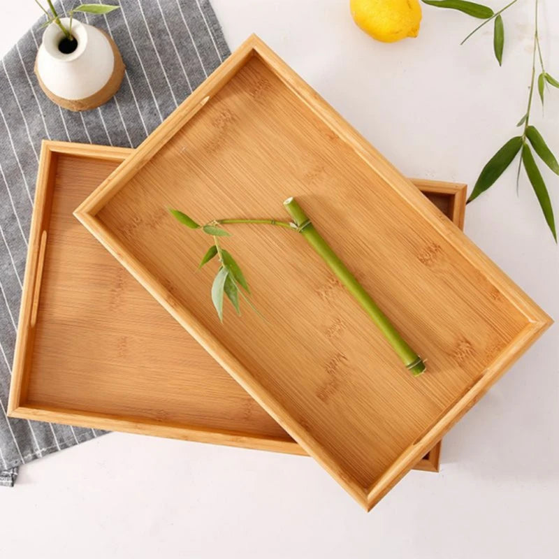 Bamboo Serving Tray with Handles - Rectangular Wooden Tea & Breakfast Tray