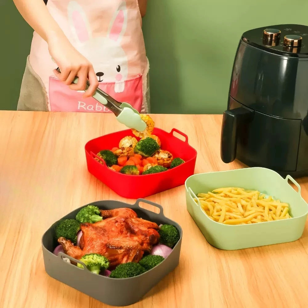 Reusable Silicone Air Fryer Liner - Square Basket Tray with Handles, Non-Stick and Dishwasher Safe