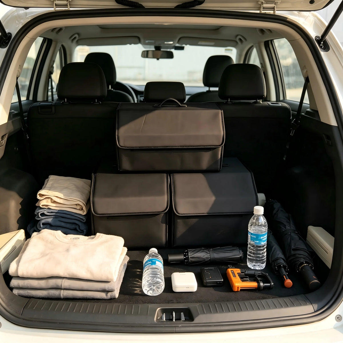 Collapsible Car Boot Organiser - PU Leather Trunk Storage Box with Removable Lid