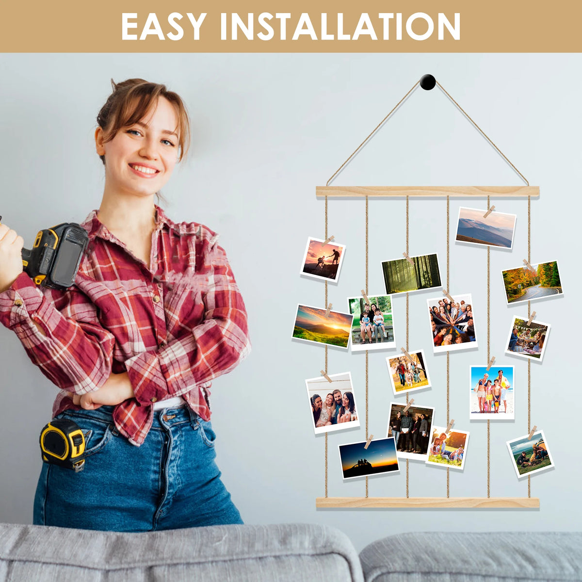 Hanging Photo Display Holder - Wood Finish Picture Hanger for Home Decor