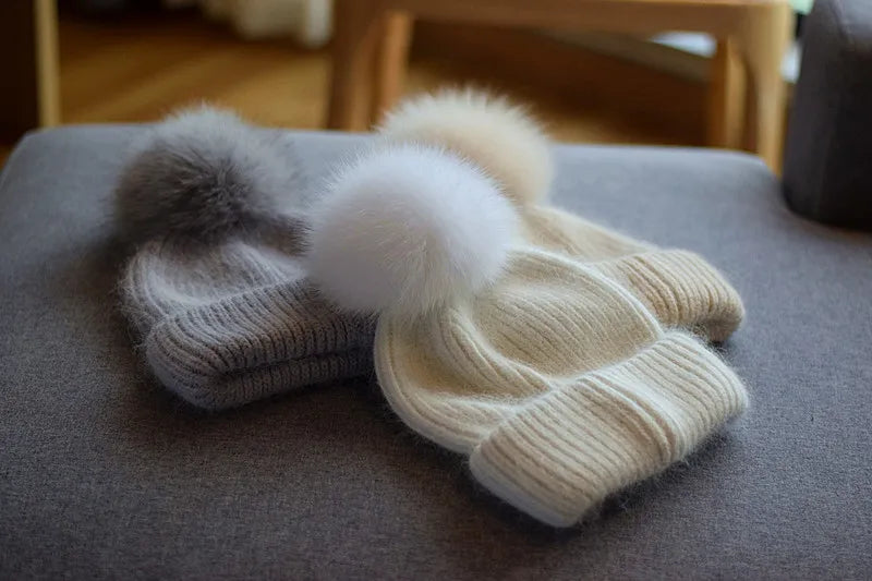 Fox Fur Pom-Pom Beanie - Knitted Cashmere Winter Hat for Women, 14 Colours
